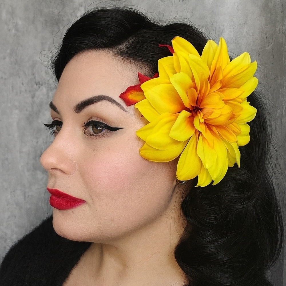 Handmade Fall Hair Flower Clip Yellow Orange Dahlia Pinup Rockabilly‎ Tiki Retro